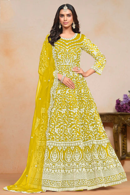 Mustard Colour Net Semi Stitched Anarkali Suit SM1050605