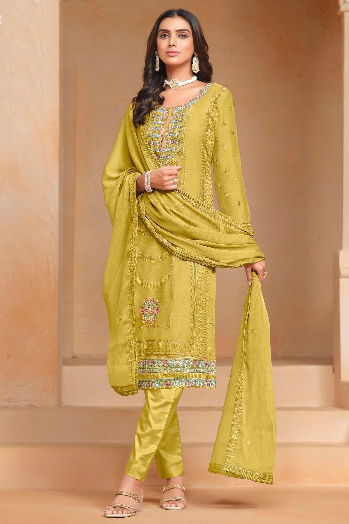 Mustard Colour Organza Chiffon Semi Stitched Pant Style Suit SM1050609 A
