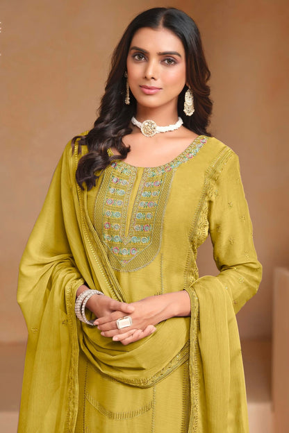 Mustard Colour Organza Chiffon Semi Stitched Pant Style Suit SM1050609 B