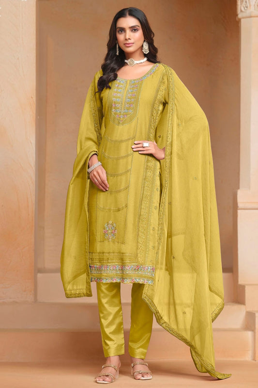 Mustard Colour Organza Chiffon Semi Stitched Pant Style Suit SM1050609