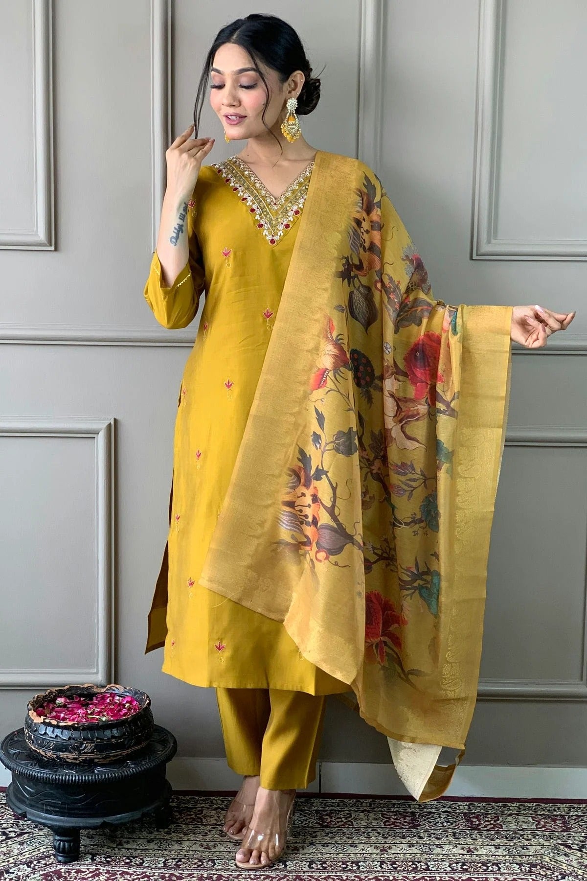 Mustard Colour PV Chanderi Stitched Salwar Suit SS1111582