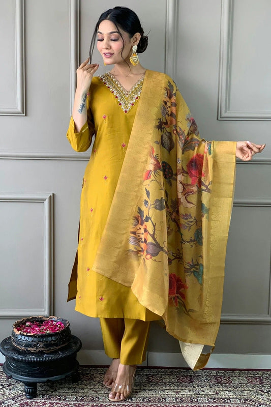 Mustard Colour PV Chanderi Stitched Salwar Suit SS1111582