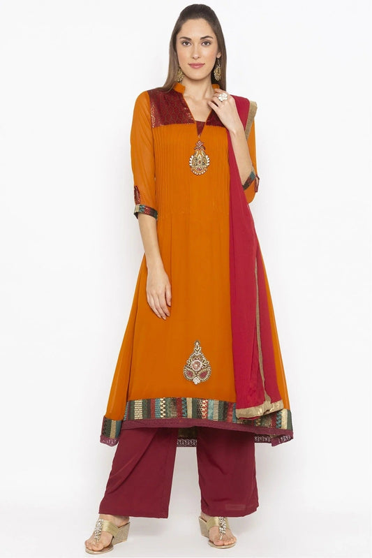 Mustard Colour Plus Size Georgette Embroidery Palazzo Pant Suit BW1070303