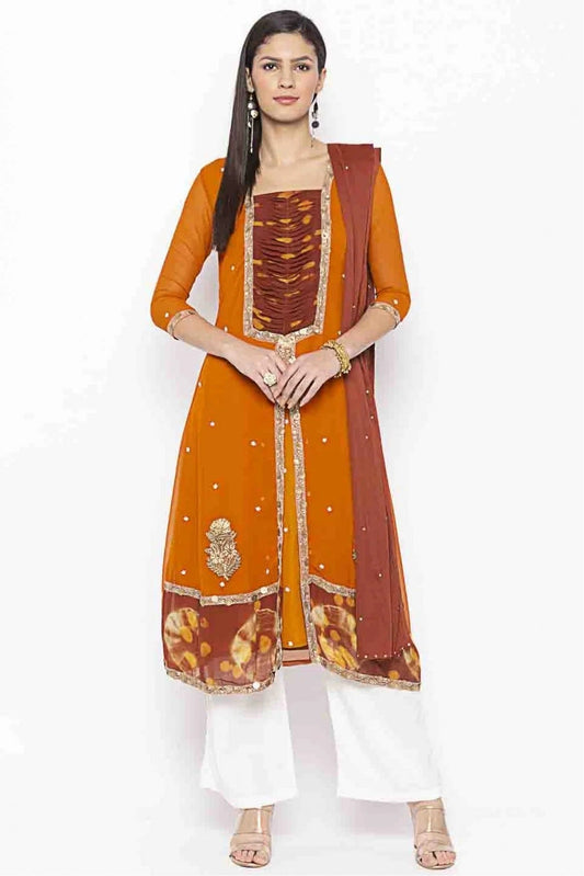 Mustard Colour Plus Size Stitched Georgette Embroidery Palazzo Pant Suit BW1070218