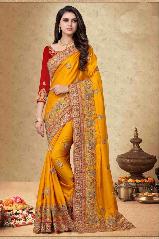 Mustard Colour Satin Georgette Embroidery Saree SD1120066
