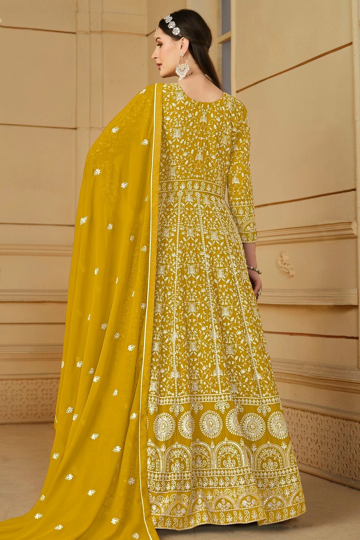 Mustard Colour Semi Stitched Faux Georgette Anarkali Suit SM1050461 A