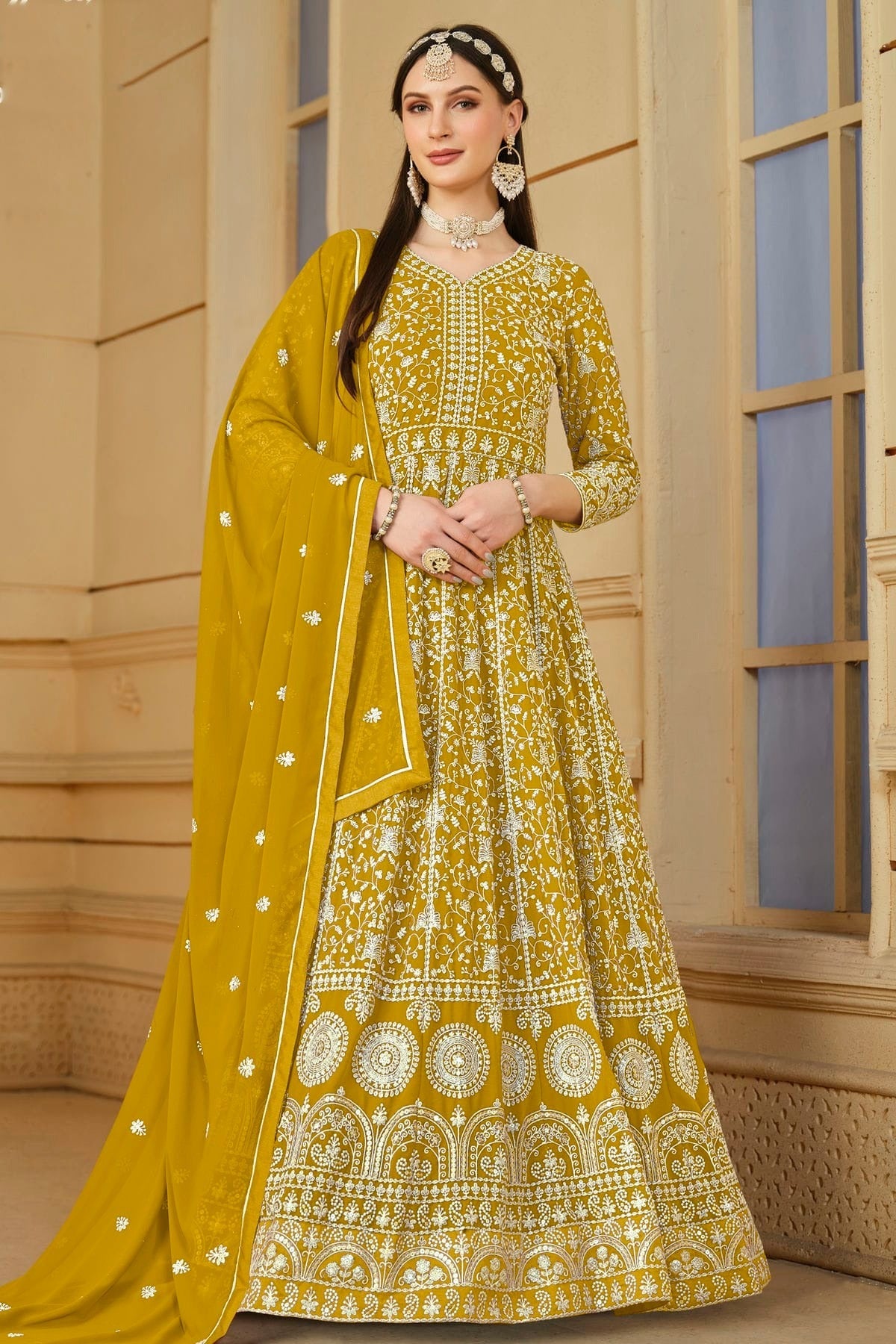 Mustard Colour Semi Stitched Faux Georgette Anarkali Suit SM1050461