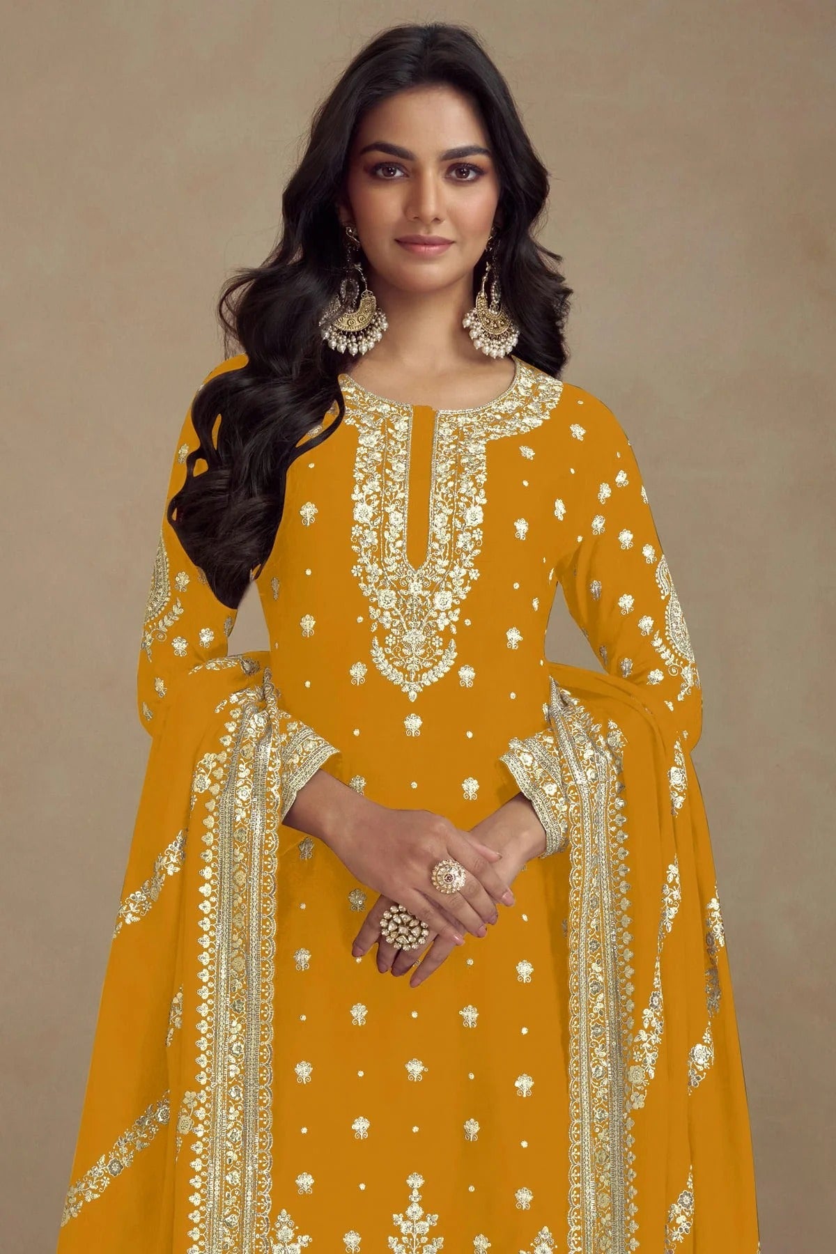 Mustard Colour Semi Stitched Silk Palazzo Pant Suit SM1140672 A
