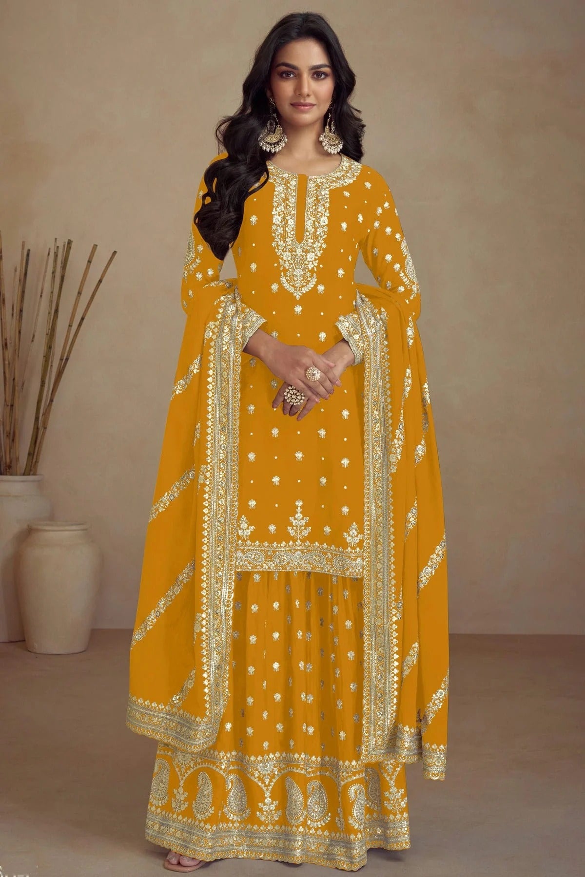 Mustard Colour Semi Stitched Silk Palazzo Pant Suit SM1140672