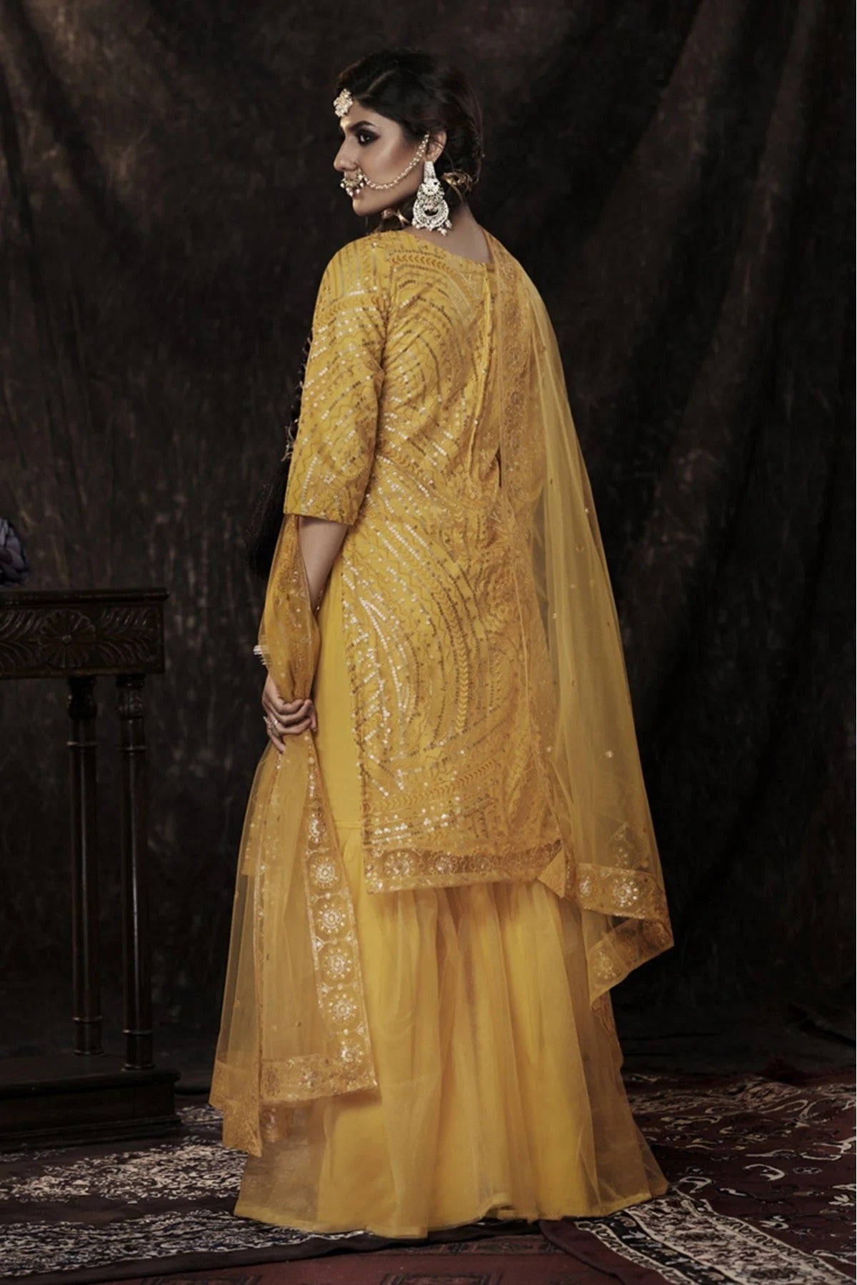 Mustard Colour Soft Net Sequins Work Sharara Suit SM1080665 A