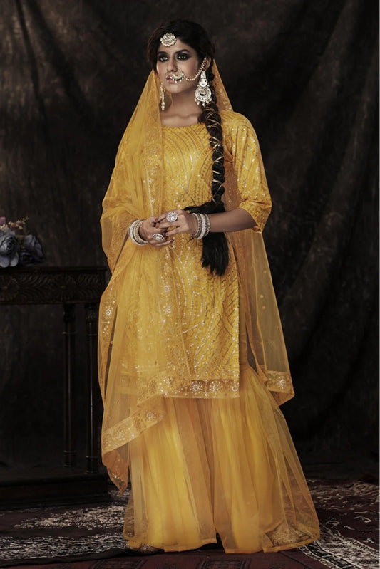 Mustard Colour Soft Net Sequins Work Sharara Suit SM1080665