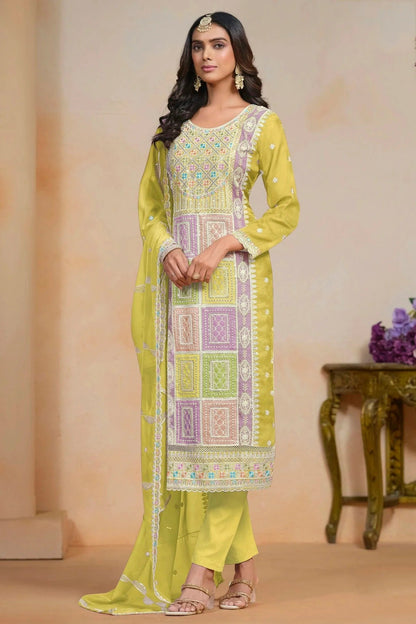Mustard Colour Soft Organza Semi Stitched Pant Style Suit SM1050617 A