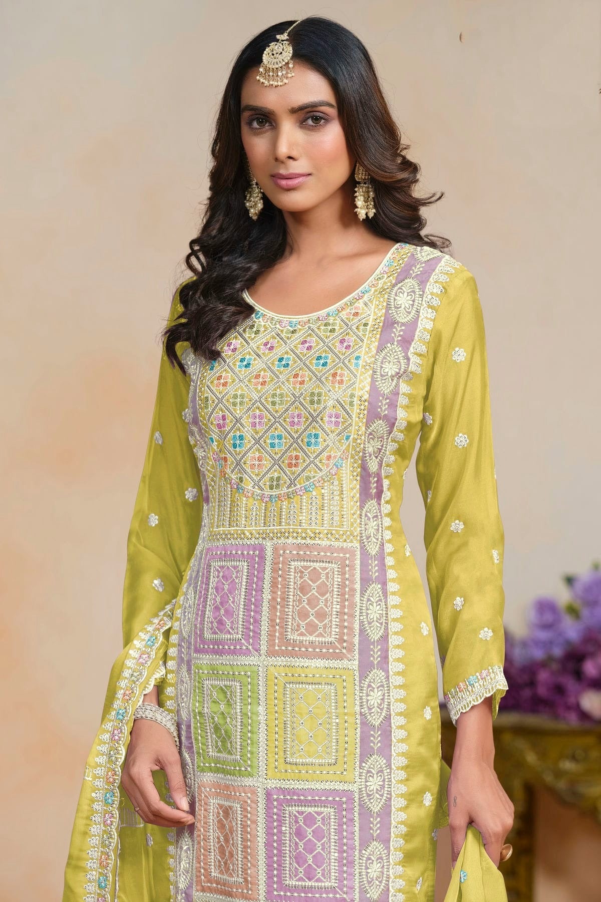 Mustard Colour Soft Organza Semi Stitched Pant Style Suit SM1050617 B