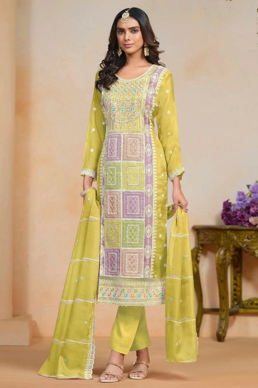 Mustard Colour Soft Organza Semi Stitched Pant Style Suit SM1050617