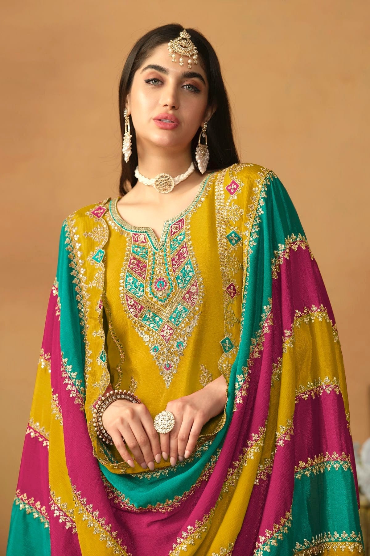 Mustard Colour Straight Suit Chinon Silk Semi Stitched SM1050498 A