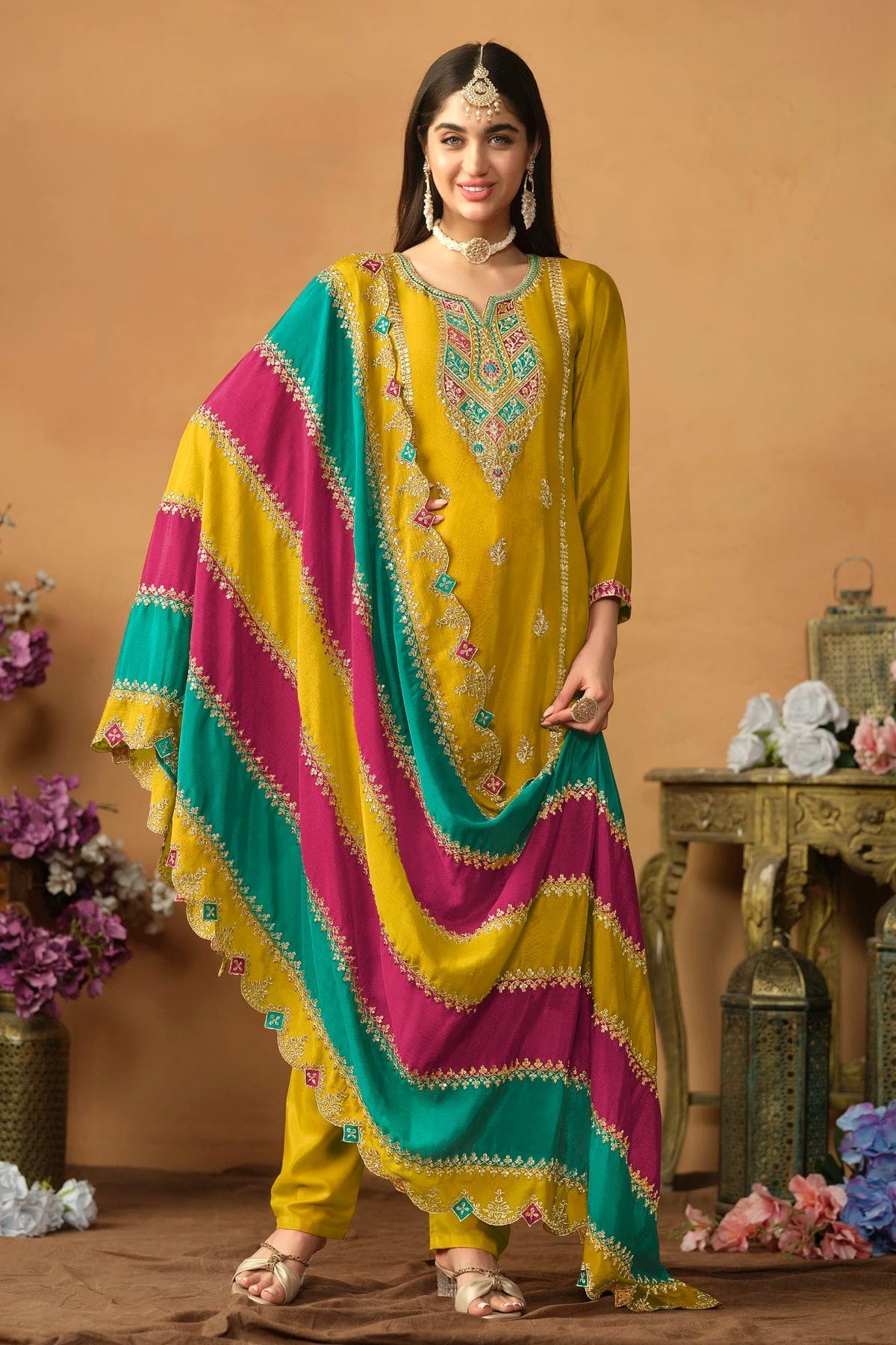 Mustard Colour Straight Suit Chinon Silk Semi Stitched SM1050498