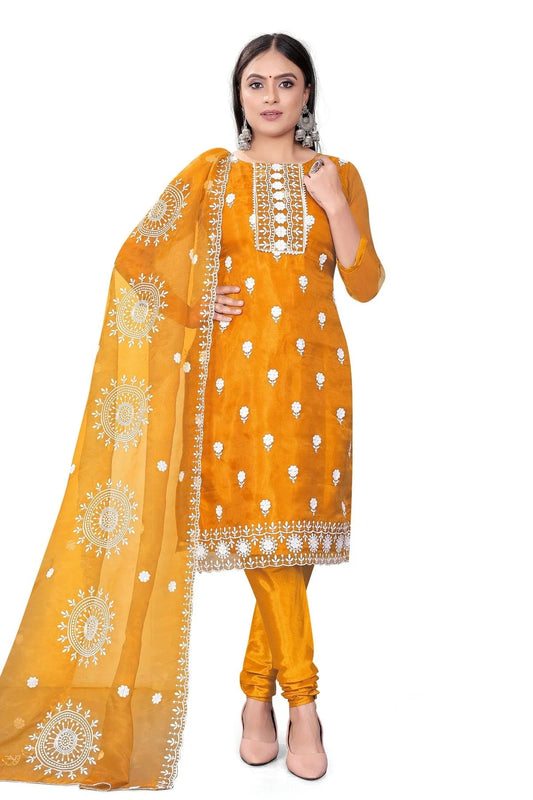 Mustard Colour Unstitched Organza Churidar Suit US1160713