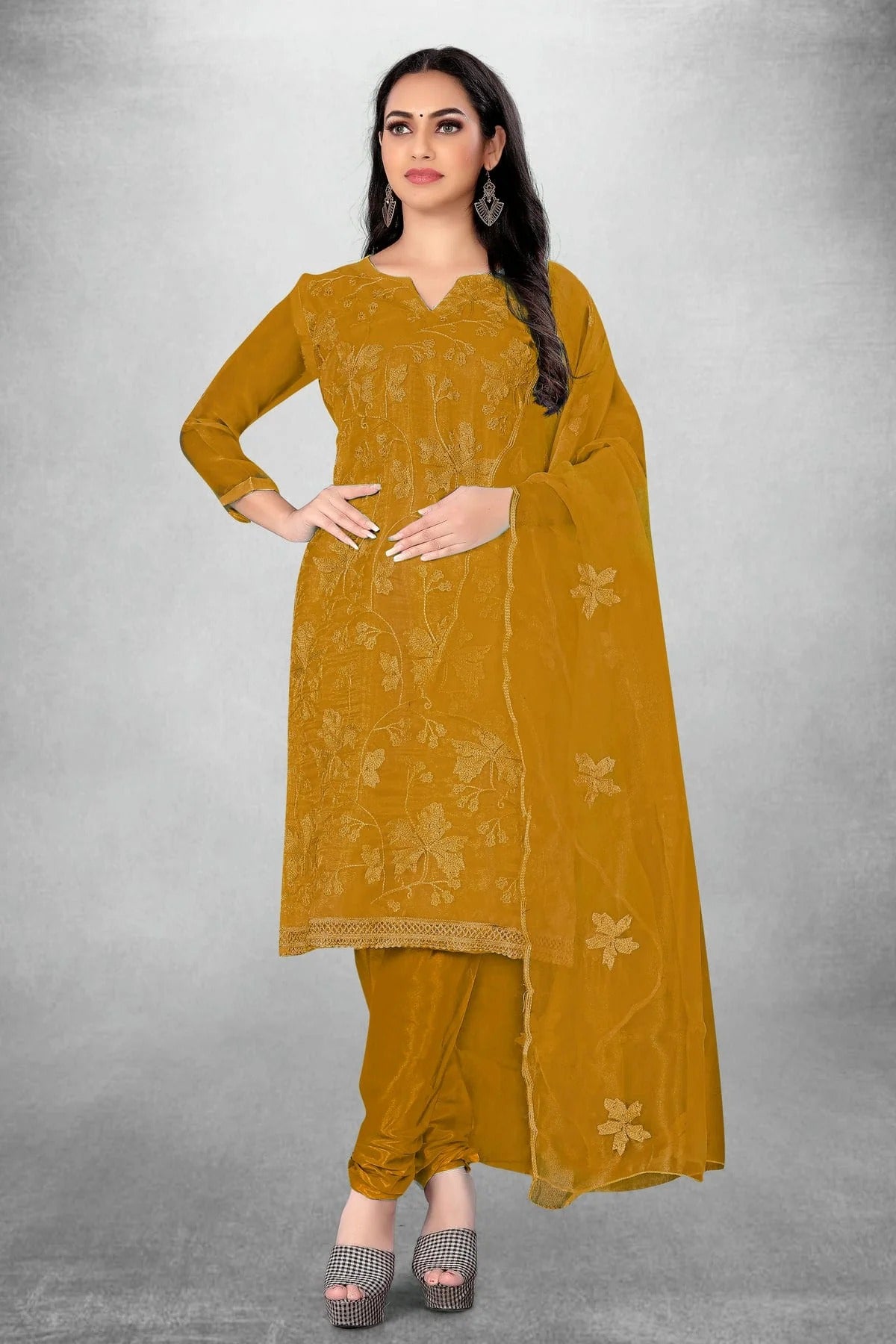 Mustard Colour Unstitched Organza Churidar Suit US1160780