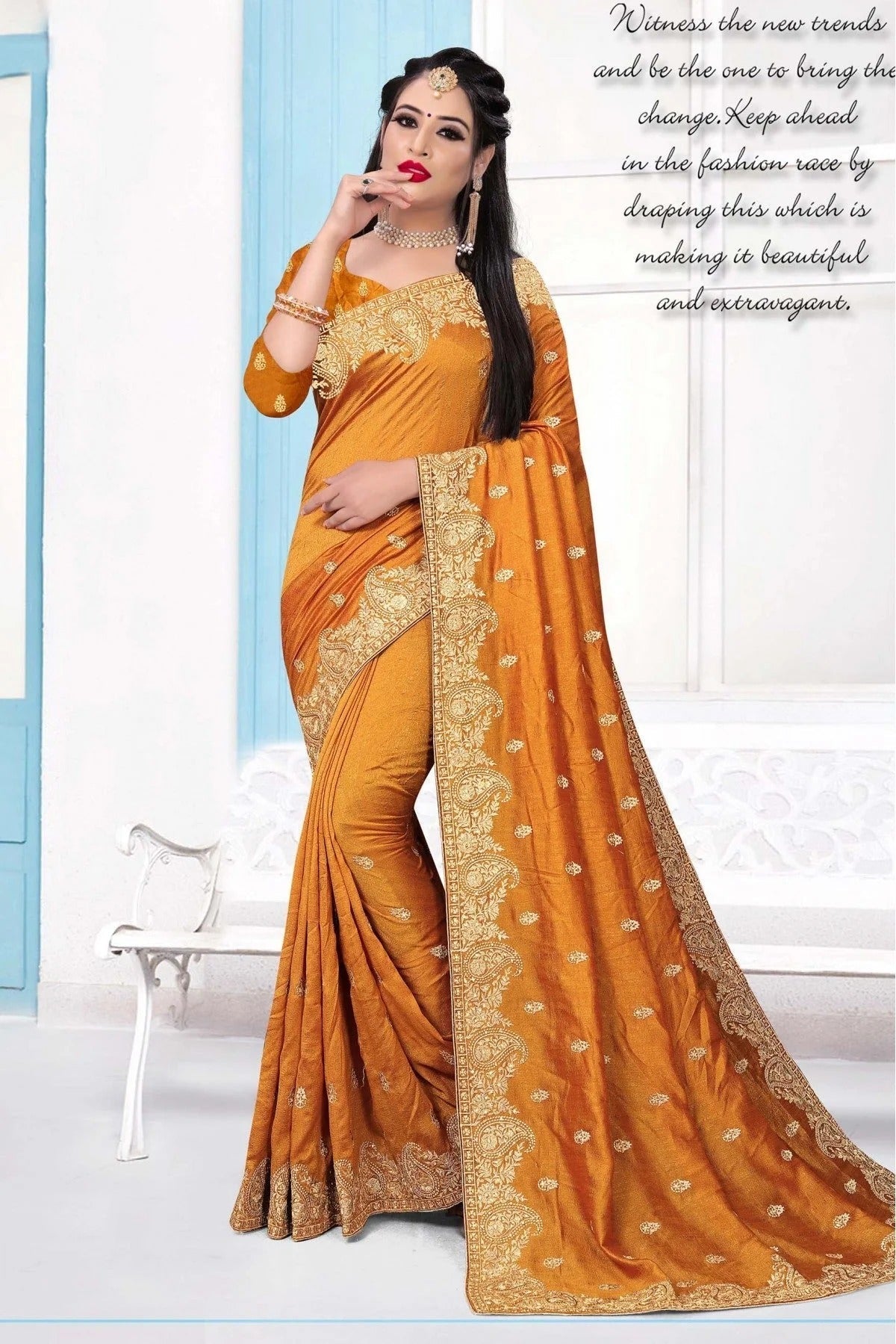 Mustard Colour Vichitra Silk Embroidery Saree SD1090146