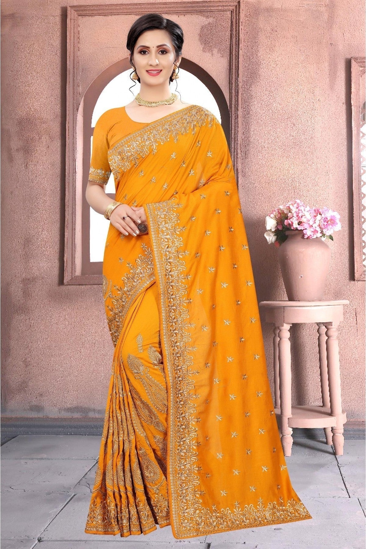 Mustard Colour Vichitra Silk Embroidery Saree SD1120158
