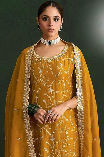 Mustard Colour Vichitra Silk Embroidery Work Pant Style Suit