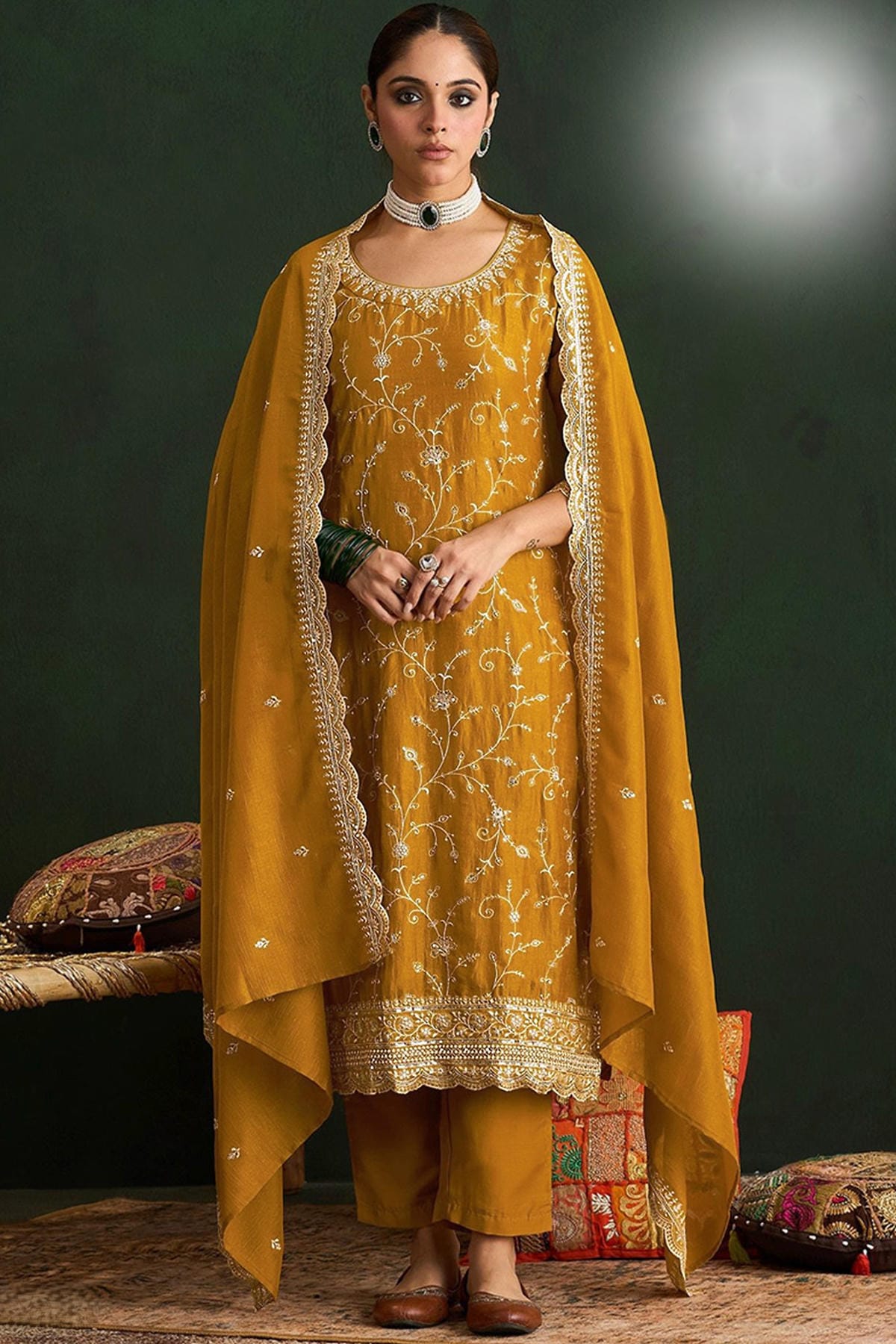 Mustard Colour Vichitra Silk Embroidery Work Pant Style Suit