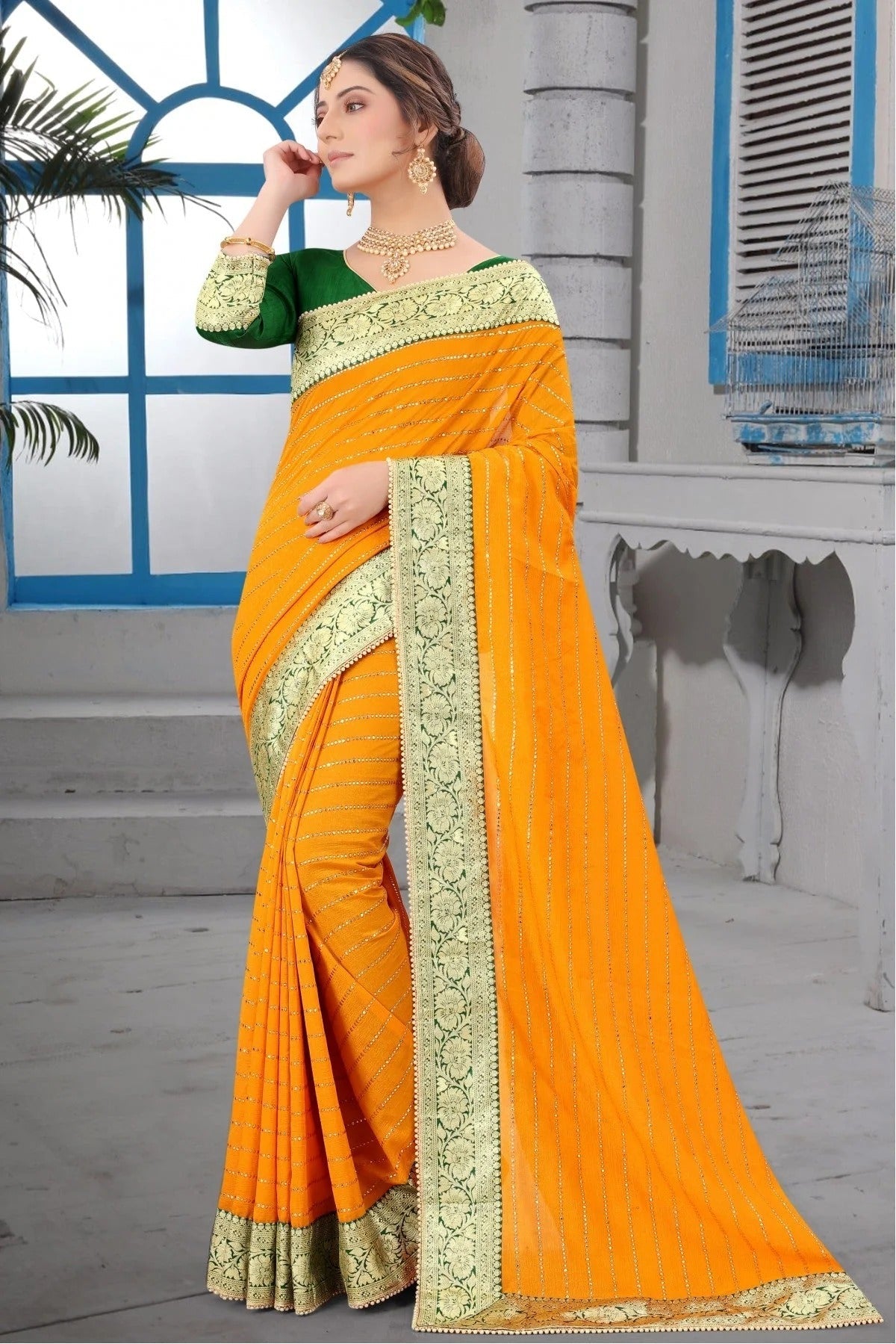 Mustard Colour Vichitra Silk Lace Work Saree SD1120228