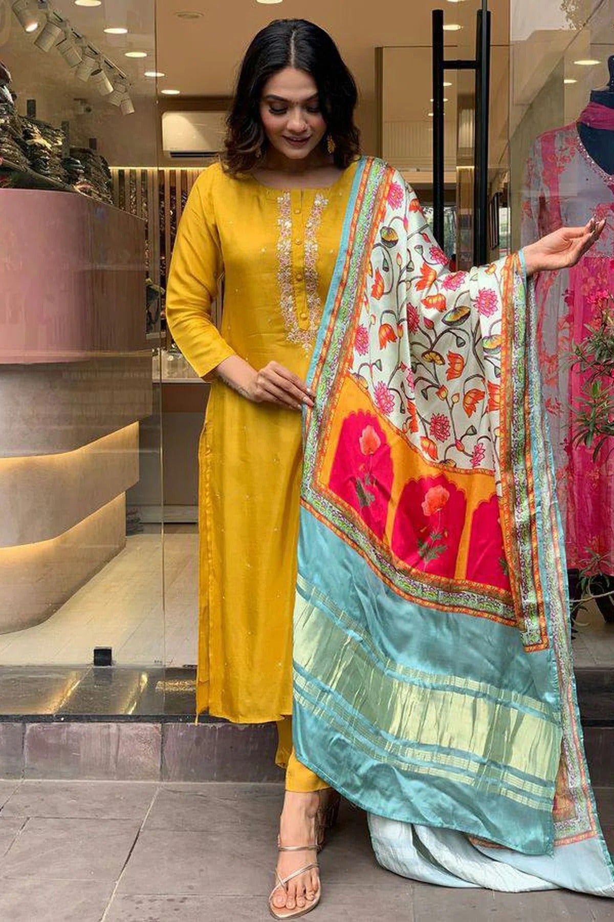 Mustard Colour Viscose Chanderi Stitched Salwar Suit SS1112014