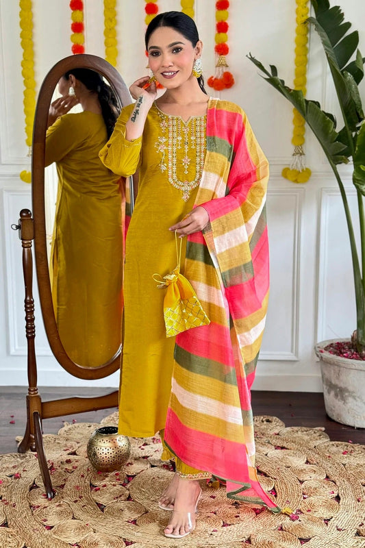 Mustard Colour Viscose Chanderi Stitched Salwar Suit SS1112022