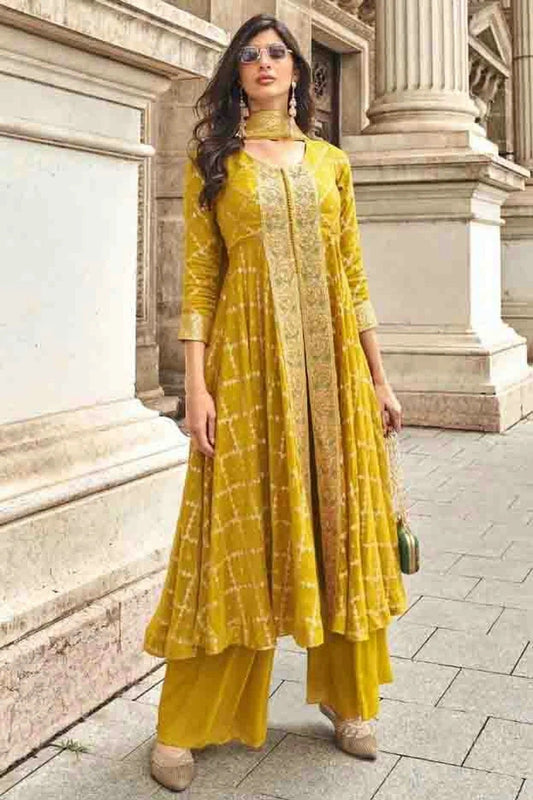 Mustard Colour Viscose Muslin Jacquard Palazzo Pant Suit SM1140848