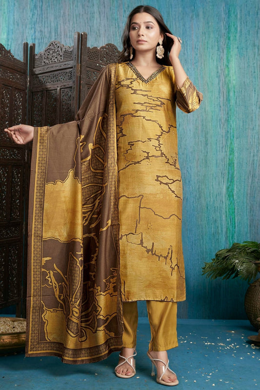 Mustard Colour Viscose Silk Stitched Suit SS1112262