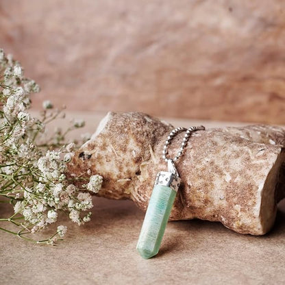 Natural Amazonite Pencil Pendant – Blue Green Crystal Point Necklace for Calm & Balance