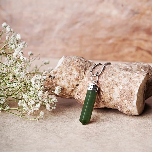 Natural Green Jade Pencil Pendant – Crystal Point Necklace for Luck & Prosperity