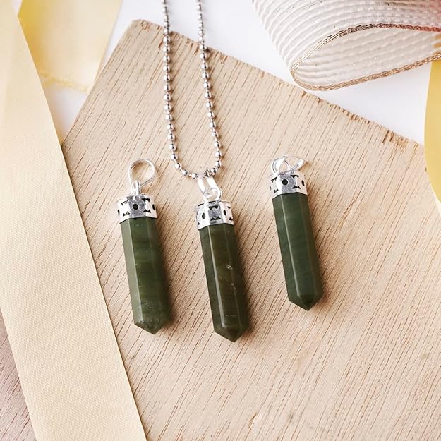 Natural Green Jade Pencil Pendant – Crystal Point Necklace for Luck & Prosperity