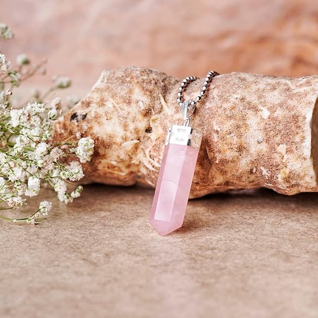 Natural Rose Quartz Pencil Pendant – Pink Crystal Point Necklace for Love & Healing