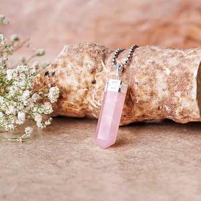 Natural Rose Quartz Pencil Pendant – Pink Crystal Point Necklace for Love & Healing