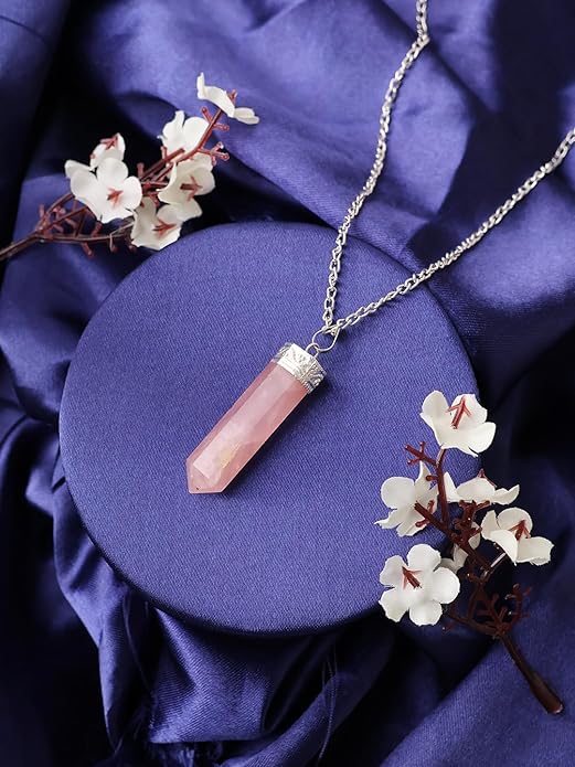 Natural Rose Quartz Pencil Pendant – Pink Crystal Point Necklace for Love & Healing