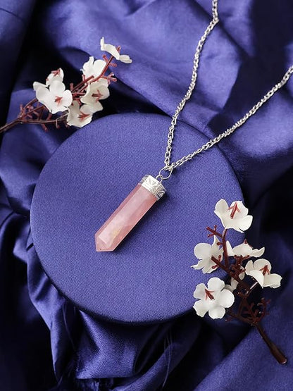 Natural Rose Quartz Pencil Pendant – Pink Crystal Point Necklace for Love & Healing
