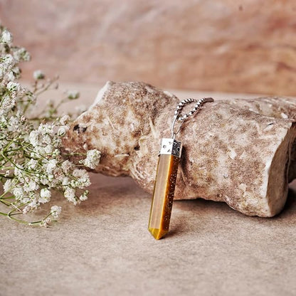 Natural Tiger Eye Pencil Pendant – Golden Brown Crystal Point Necklace for Confidence & Protection