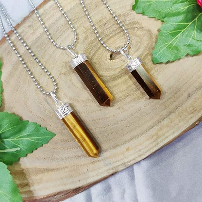 Natural Tiger Eye Pencil Pendant – Golden Brown Crystal Point Necklace for Confidence & Protection