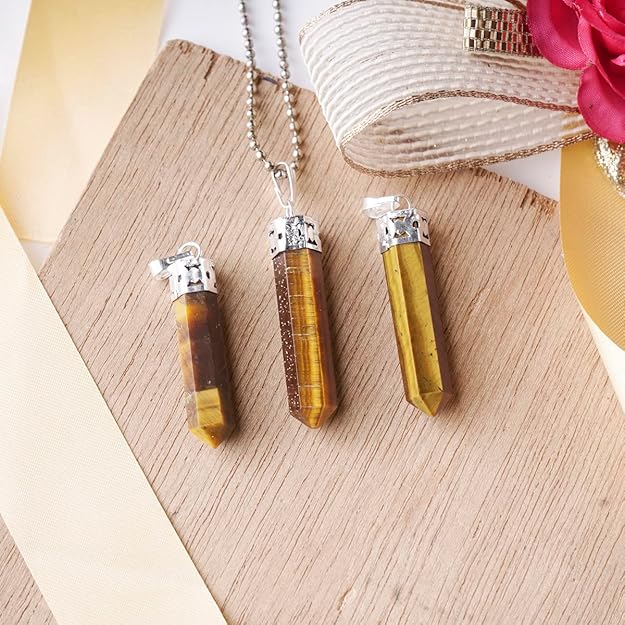 Natural Tiger Eye Pencil Pendant – Golden Brown Crystal Point Necklace for Confidence & Protection