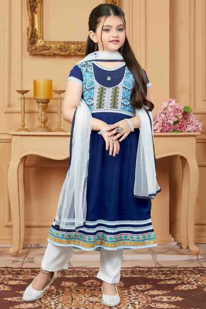 Navy Blue  Colour Faux Georgette Pant Style Suit GW1070763