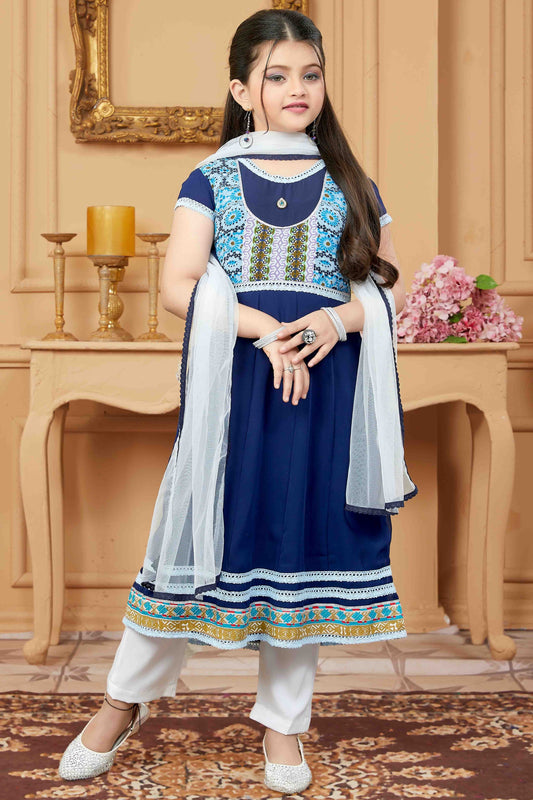 Navy Blue  Colour Faux Georgette Pant Style Suit GW1070763