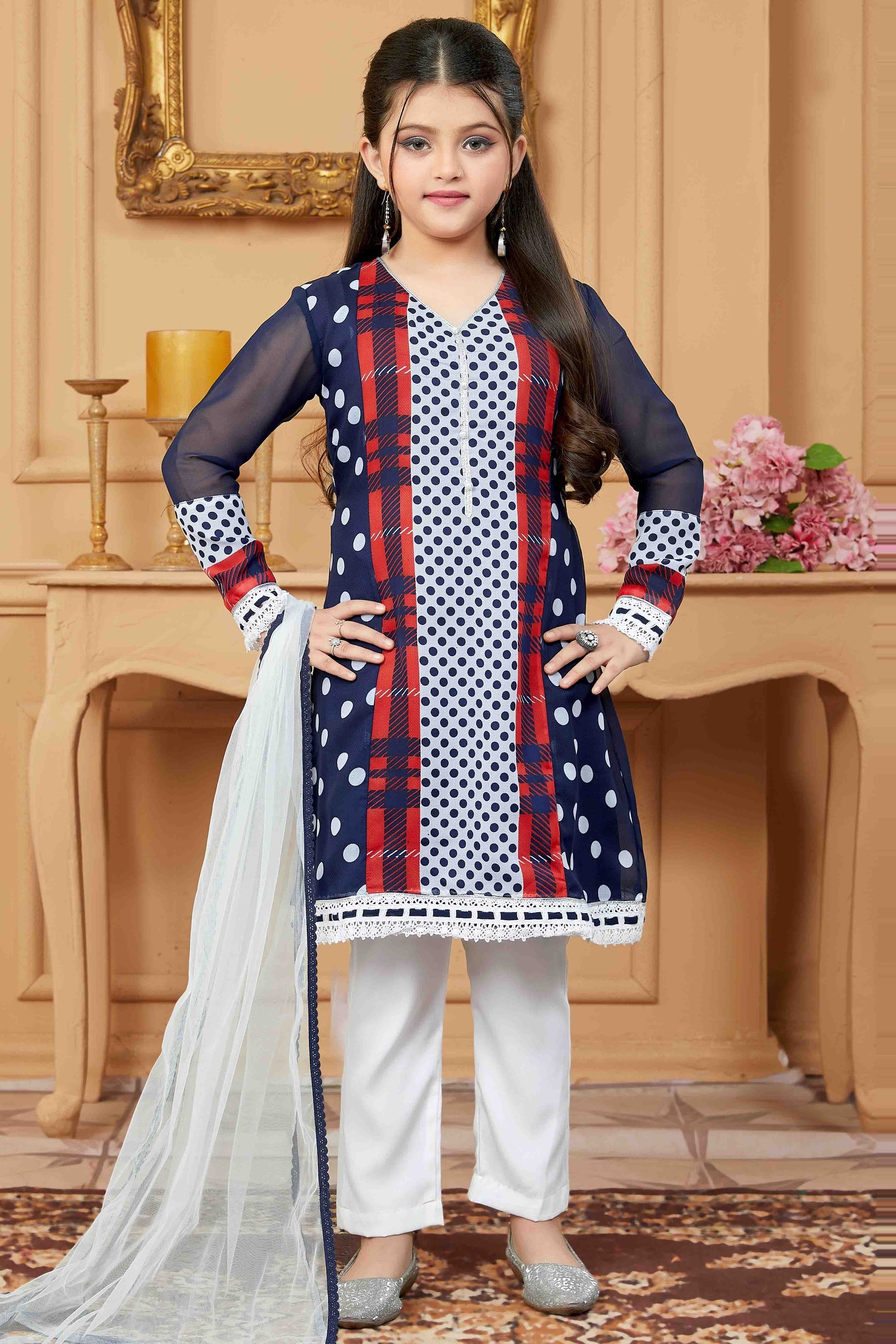 Navy Blue  Colour Faux Georgette Pant Style Suit GW1070766