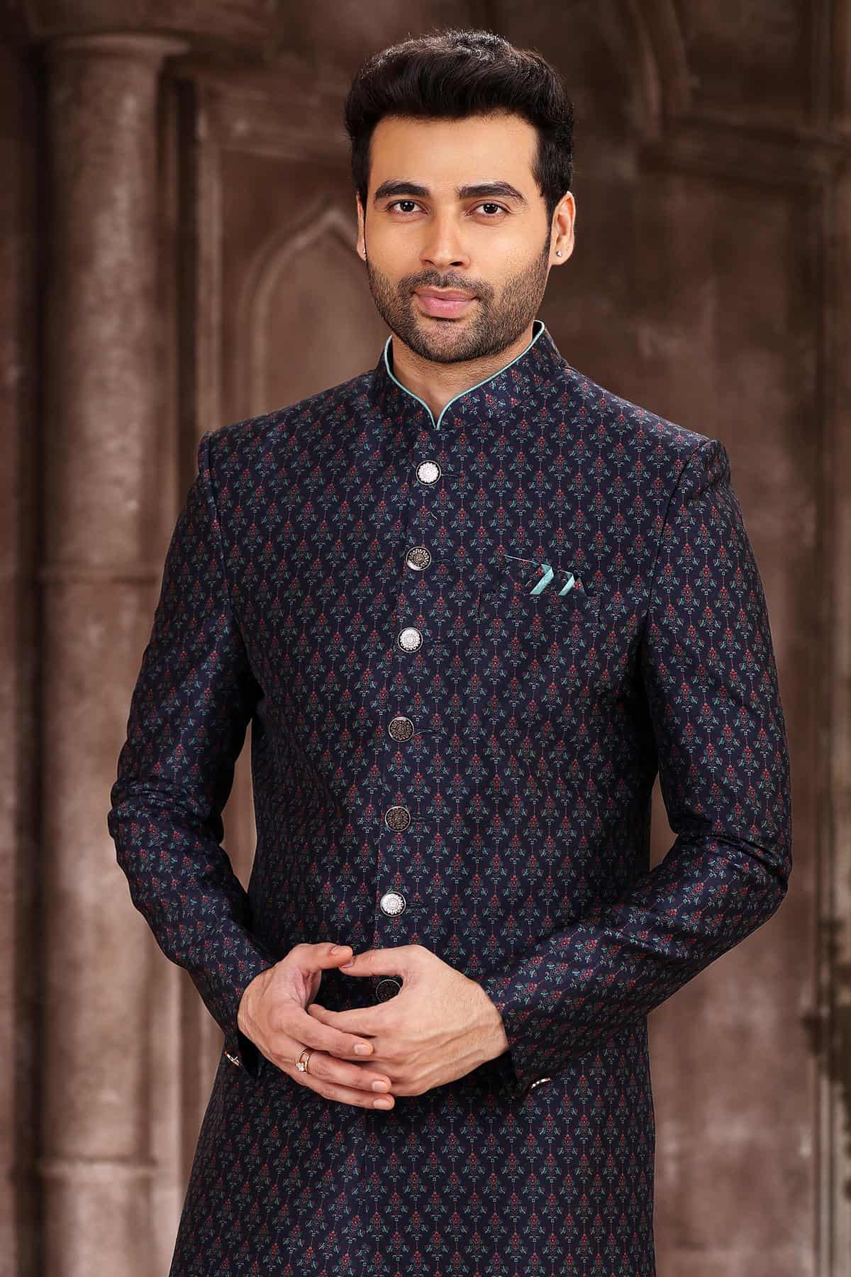 Navy Blue Colour Art Silk Digital Printed Work indo western Sherwani