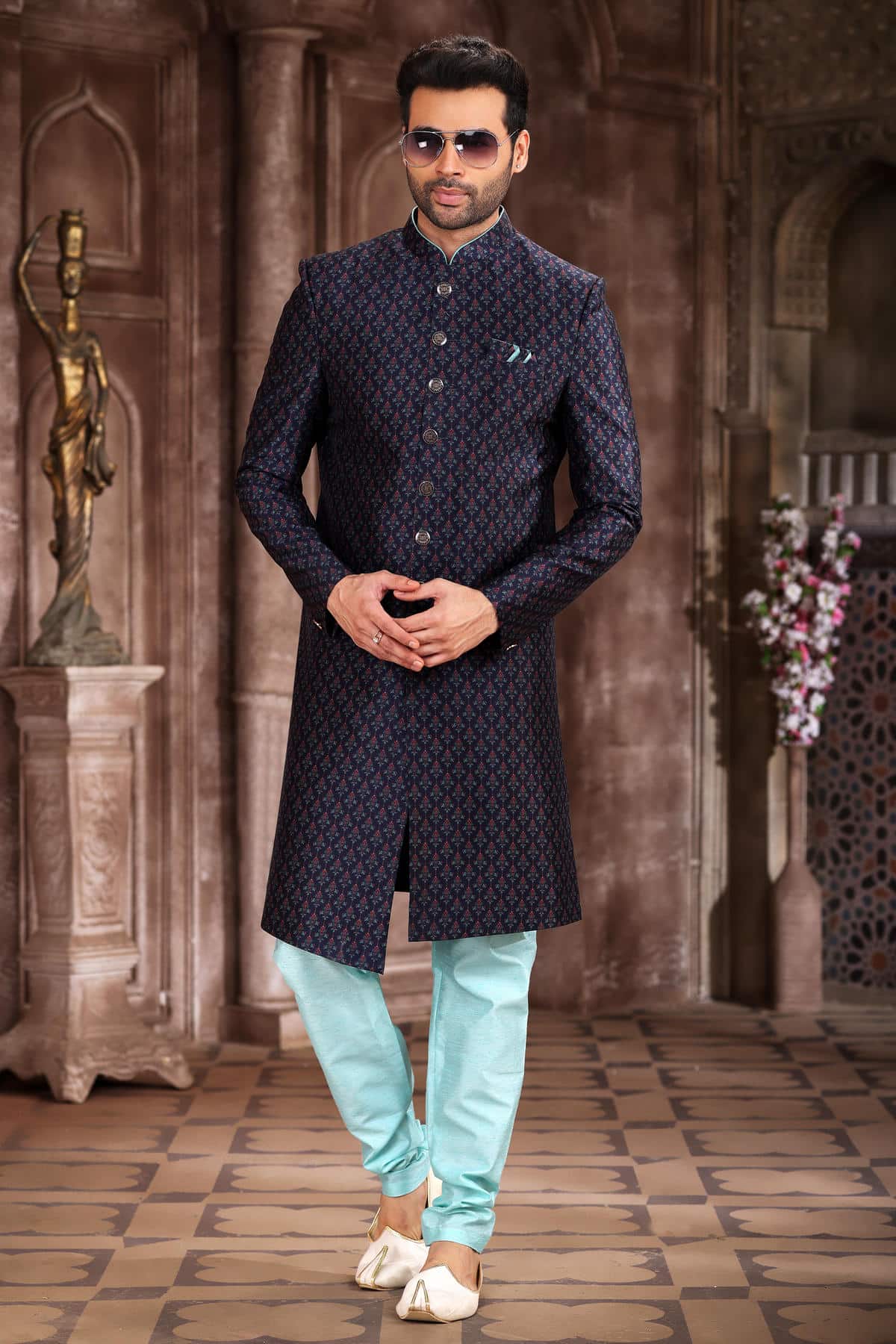Navy Blue Colour Art Silk Digital Printed Work indo western Sherwani