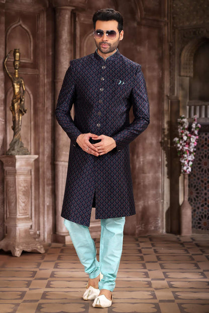 Navy Blue Colour Art Silk Digital Printed Work indo western Sherwani