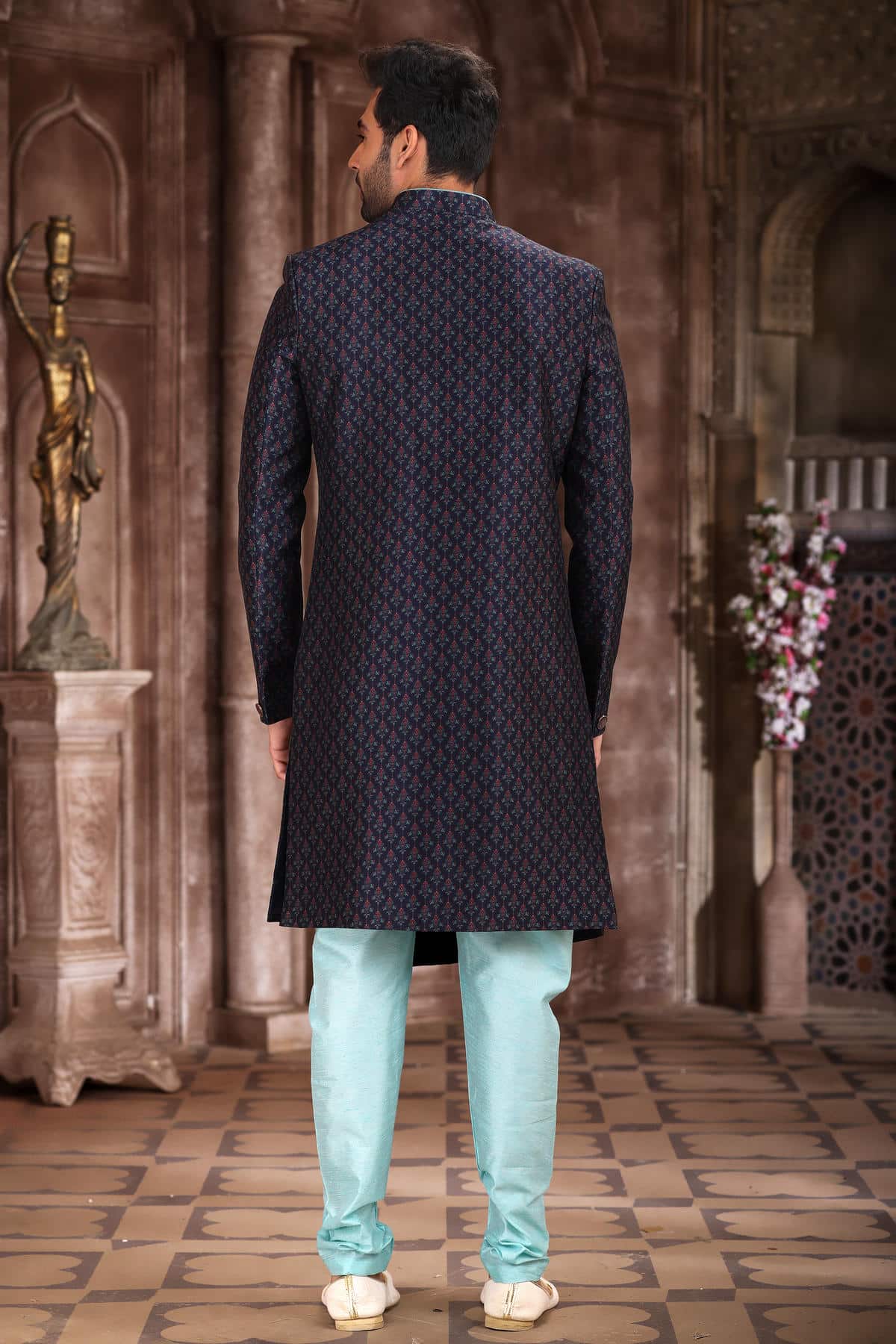 Navy Blue Colour Art Silk Digital Printed Work indo western Sherwani