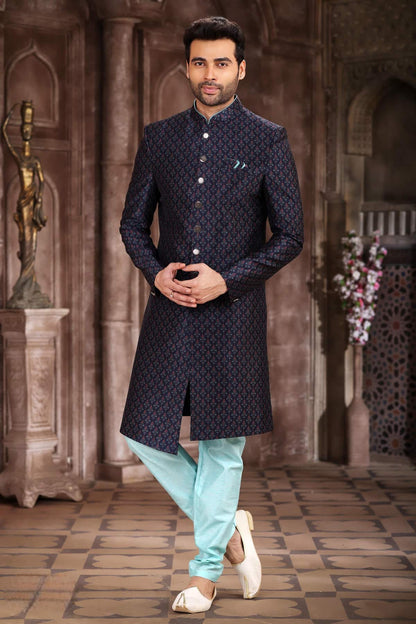 Navy Blue Colour Art Silk Digital Printed Work indo western Sherwani