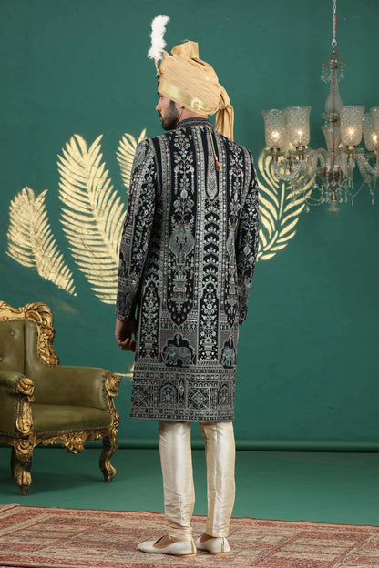 Navy Blue Colour Art Silk Embroidery Sherwani